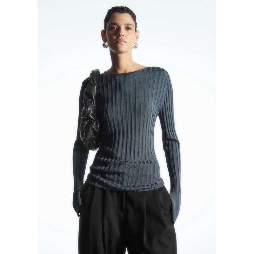 COS Rib-Knit Long-Sleeved Top Dark Slate Gray Silver Size Large